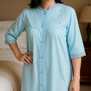 Vintage Texsheen Blue Robe 12 Nylon Button Front Lace Trim Lingerie Housecoat